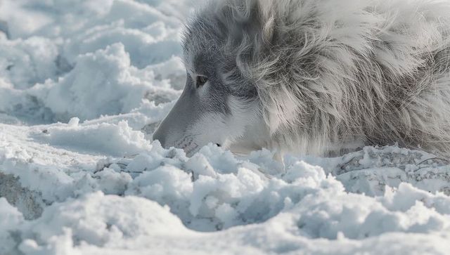 Grey white wolfdog nosing through packed snow close-up showing dense winter fur and focused gaze