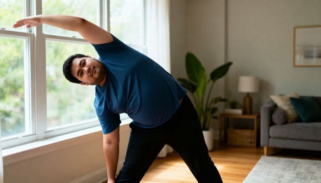 Asian man stretching by window in living room for home fitness and flexibility