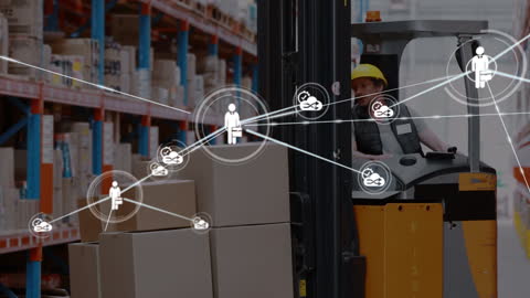 Warehouse Worker Managing Inventory with Digital Network Overlay