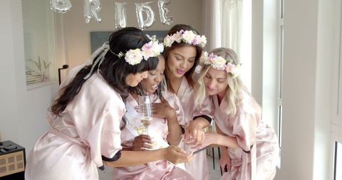 Bridesmaids Celebrating Hen Party with Selfie and Champagne