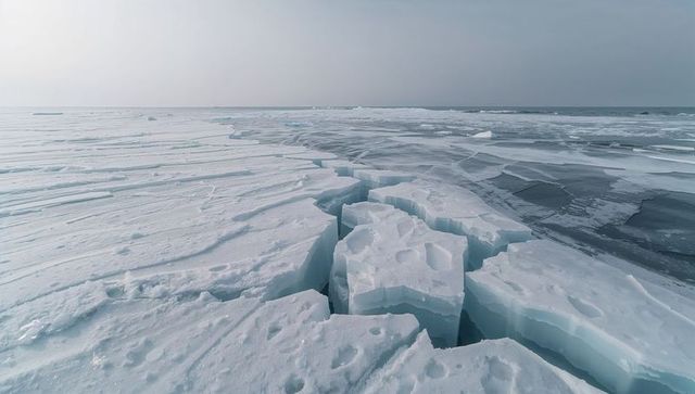 Fracturing polar sea ice revealing deep lead and blocky ice slabs across frozen horizon