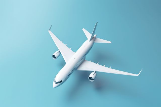 White passenger jet plane on blue background, created using generative ai technology. Air transport, travel and vacations, digitally generated image.
