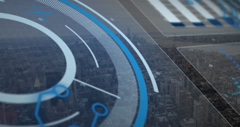 Futuristic Interface Overlay on Urban Cityscape