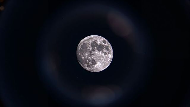 Full Moon with Craters and Lens Flare in Starry Night Sky