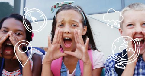 Kids Shouting with Superimposed School Icons Outdoors