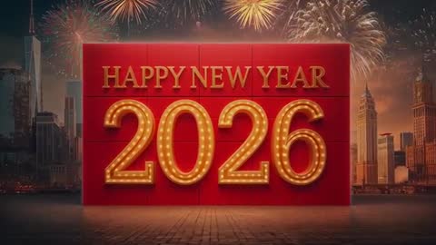 Celebrating New Year 2026 with fireworks over waterfront skyline and glowing red marquee