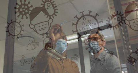 Masked Colleagues Discussing COVID-19 Strategy in Modern Office