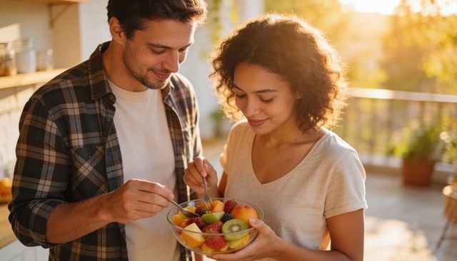 Couple sharing fresh fruit bowl on sunlit terrace during golden hour