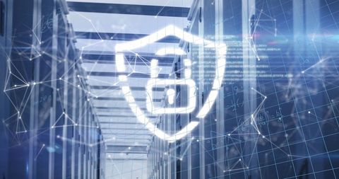 Futuristic Data Center with Holographic Cybersecurity Display