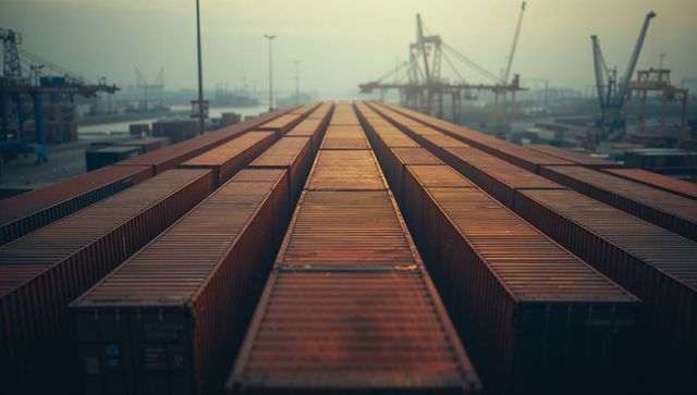 Industrial cargo containers at dusk: trade and logistics hub
