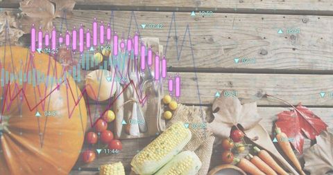 Autumn harvest double-exposure: pumpkin, corn, carrots, garlic on rustic wood