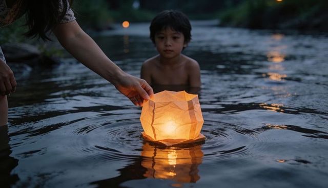 Placing floating paper lantern on river at dusk with child watching candlelight glow
