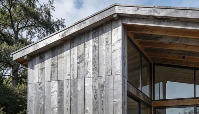 Weathered timber facade on modern glass-front cabin with exposed rafters and siding in nature