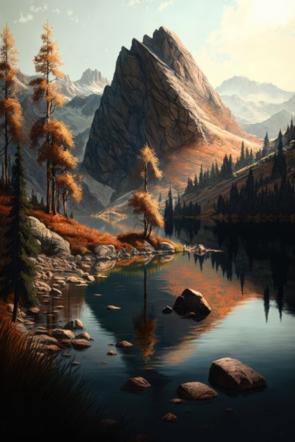 Scenic landscape with lake and mountains, created using generative ai technology. Nature, scenery and beauty in nature concept digitally generated image.