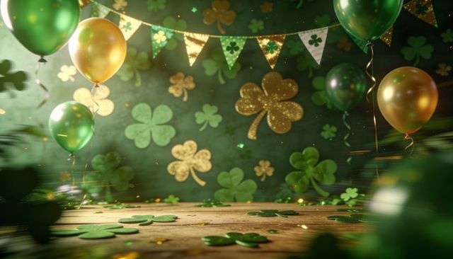 St patrick's day tabletop featuring green and gold balloons shamrocks confetti glitter