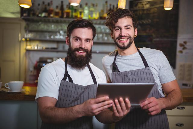 Two male waiters in aprons smiling and using a digital tablet at a cafe counter. Ideal for illustrating teamwork, modern technology in hospitality, and friendly customer service in cafes or restaurants.