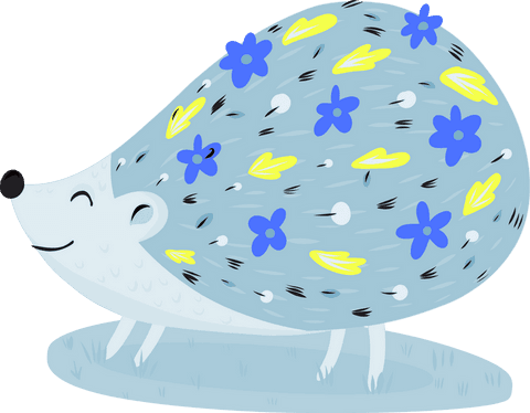 Transparent hedgehog with blue flowers and yellow leaves