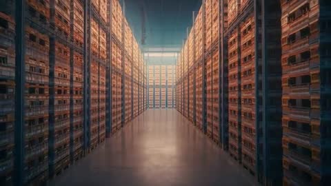 Endless Warehouse Aisle with Stacked Orange Crates