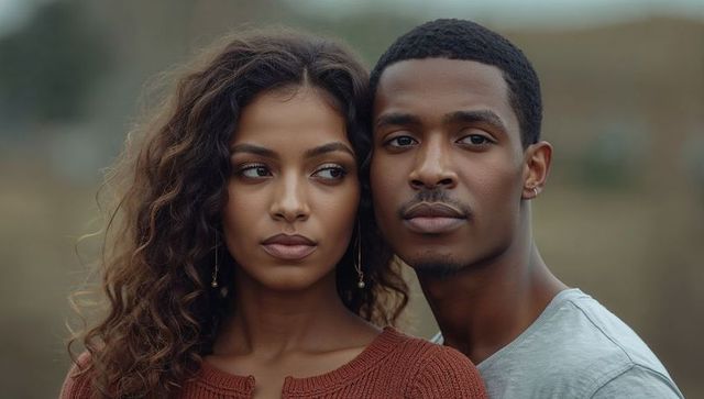 Intimate outdoor couple standing close in moody earthy tones conveying subtle romance
