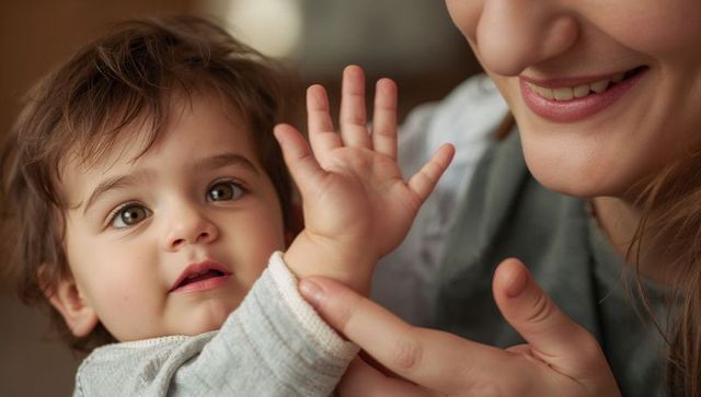 Mother supporting infant's raised hand closeup tender bonding moment home caregiver love