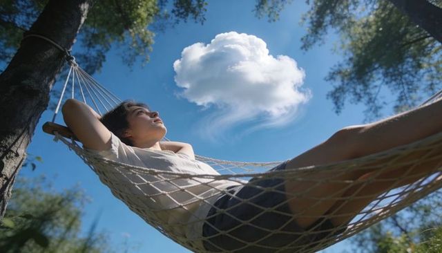 Relaxing young woman reclining in hammock under bright blue sky with fluffy cloud