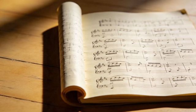 Aged musical manuscript rolled and lying on wooden table casting soft warm shadows