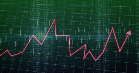 Rising red line graph with stock market candlesticks overlay