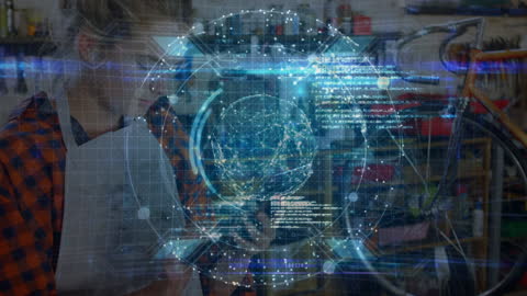 Mechanic Using Tablet with Digital Globe and Data Overlay