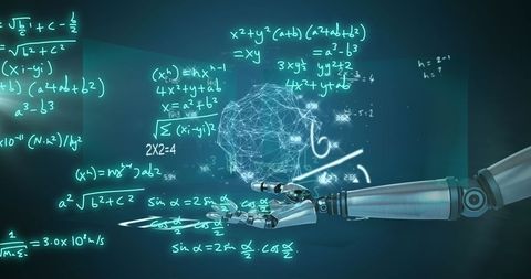 Robot arm solving complex equations in futuristic tech environment