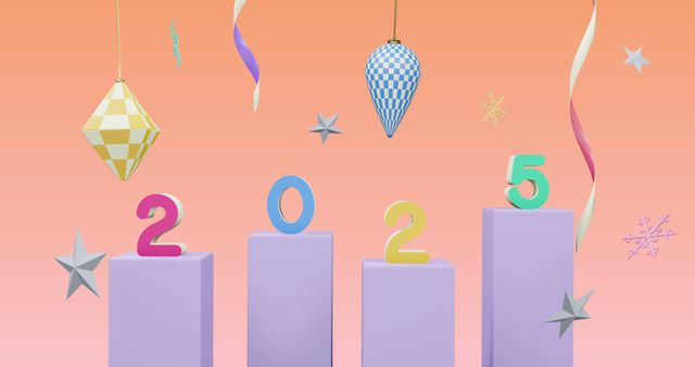 Bright, playful design featuring numbers 2025 on pedestals, surrounded by pastel Christmas decorations and stars. Ideal for promoting New Year's parties, festive greeting cards, or social media updates for the New Year 2025 celebrations.