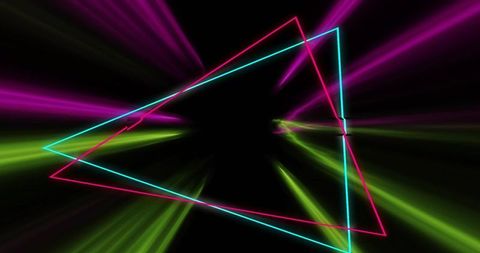 Overlapping neon triangles in cyberpunk void with green and magenta light beams