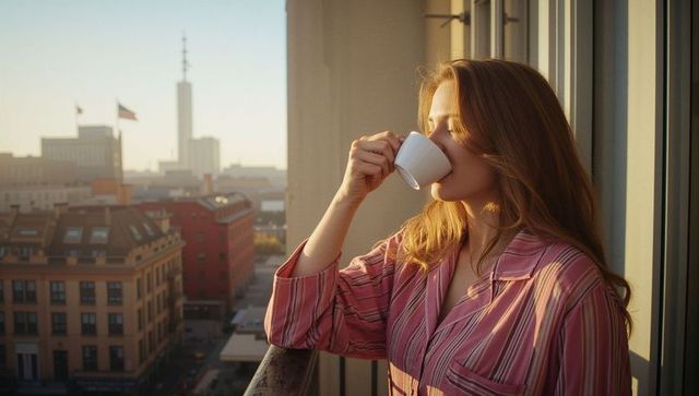 Young Woman Sipping Coffee on City Balcony at Sunrise