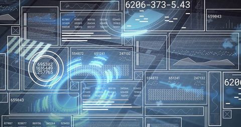 Futuristic Data Dashboard Displaying Glowing HUD Panels, Charts and Analytics
