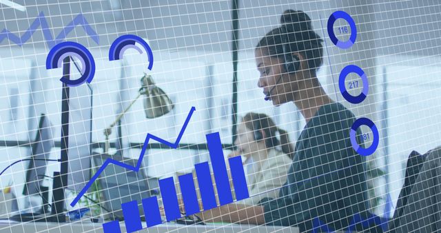 African American Woman Analyzing Data with Headset in Modern Office - Download Free Stock Images Pikwizard.com