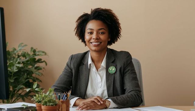 Smiling businesswoman sitting at minimalist desk wearing green sustainability lapel pin