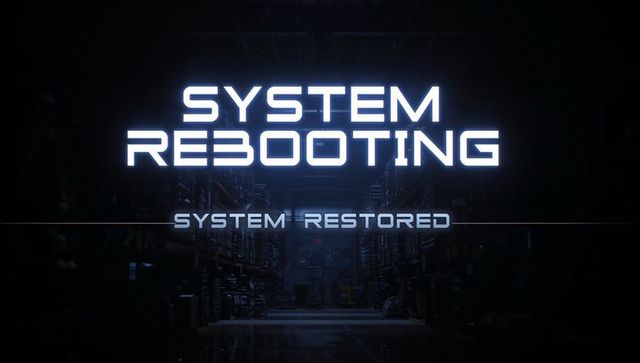 Futuristic system rebooting neon over dim server aisle with cyberpunk blue glitch effects