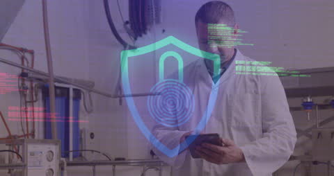 Engineer with Tablet Overseeing Factory with Digital Interface Overlay