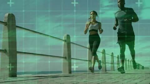 Couple running on oceanfront boardwalk with HUD gait analysis overlay, fitness tracking video