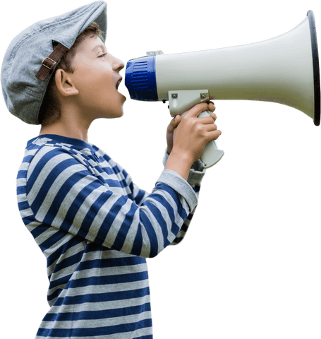 Caucasian boy with megaphone conveying message transparent background