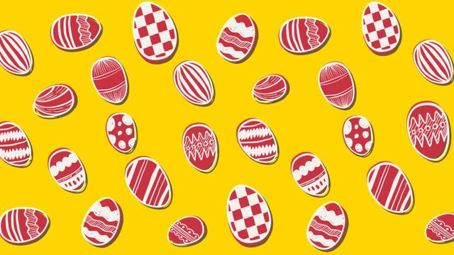 Patterned Easter eggs displayed against a vivid yellow backdrop creating a lively, celebratory atmosphere. Ideal for use in digital spring holiday promotions, Easter event invitations, or decorative backgrounds for festive-themed websites. enhances seasonal marketing campaigns.