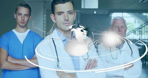 Medical team promoting telemedicine with futuristic global network overlay