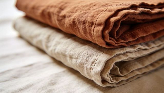 Folded rustic linen textiles in warm rust and beige showing woven texture and seam detail