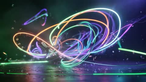 Vibrant Motion of Neon Spirals with Droplets on Futuristic Floor