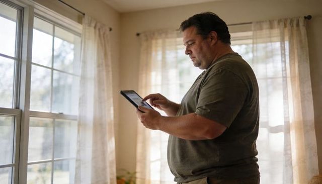 Middle-aged man using tablet by sunlit windows for remote work and home productivity