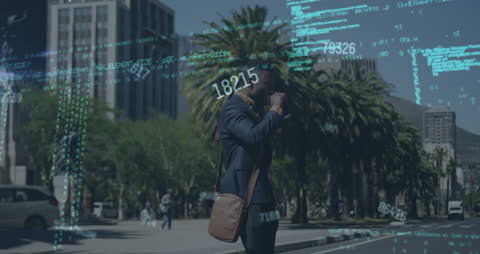 Businessman Walking Enjoying Coffee Amid Digital Data Graphics