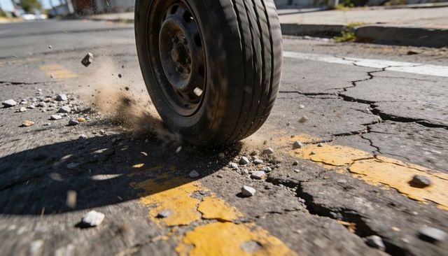 Vehicle wheel kicking gravel on cracked asphalt with yellow centerline, dramatic motion