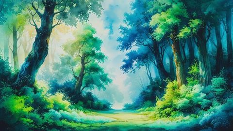 Enchanting Sunlit Forest Path with Lush Greenery and Misty Air