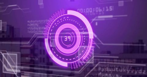 Futuristic magenta HUD hovering over urban skyline, circular holographic telemetry