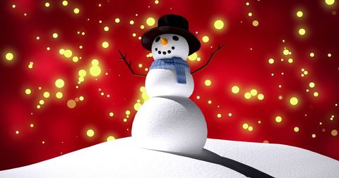 Festive Snowman on a Snowy Hill with Glowing Lights