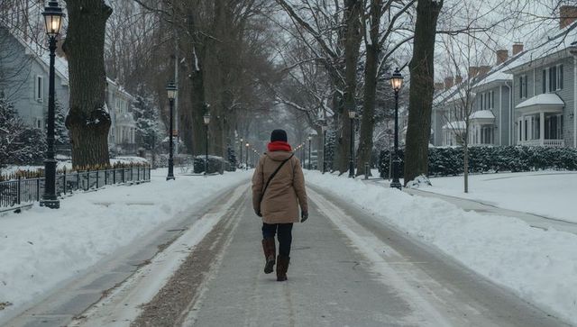 Walking down snowy residential street wearing tan parka and red hood